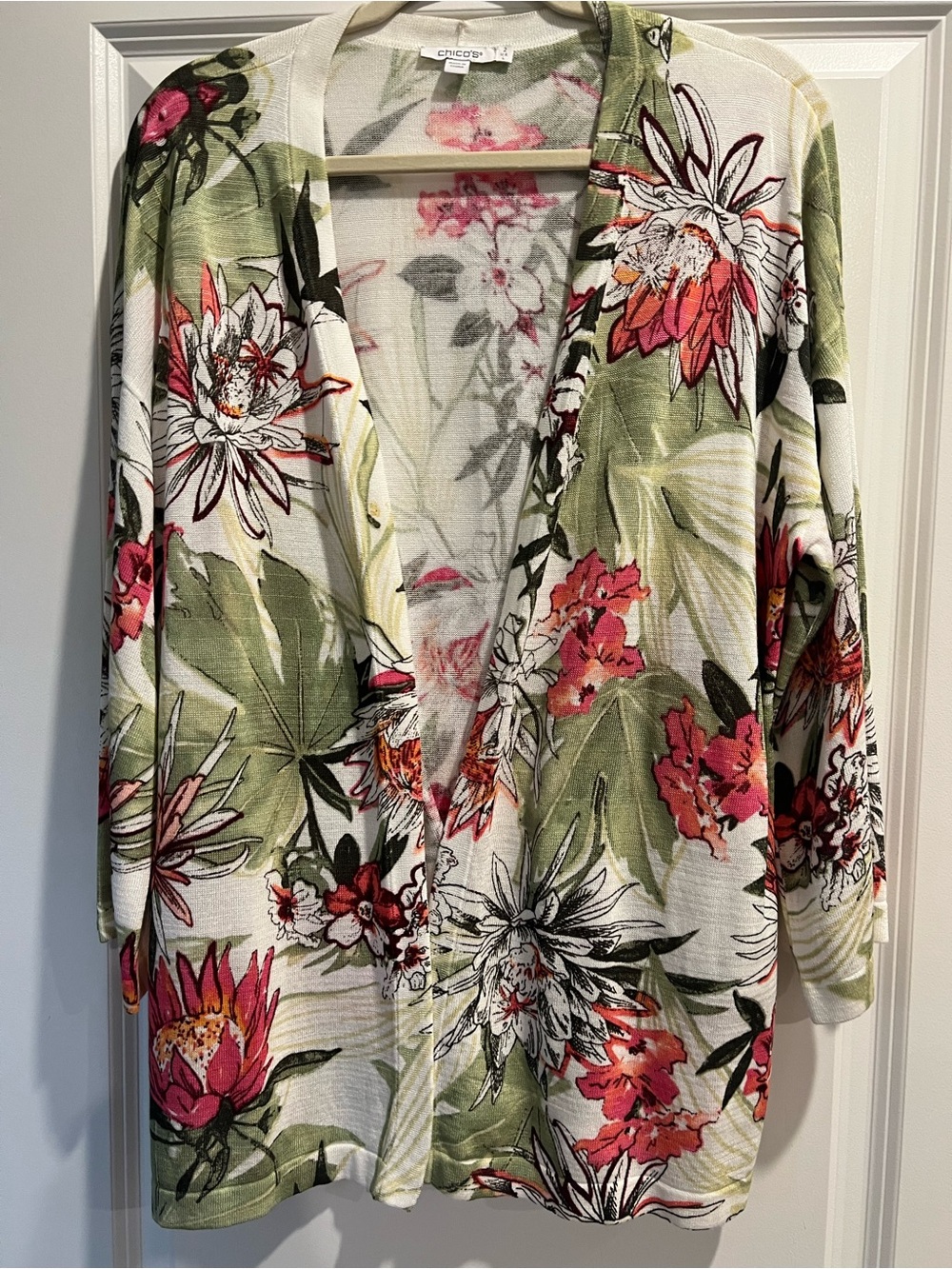Chico's Open Ffont  Cardigan with Pink and Green Floral Print
